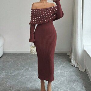 Burgundy Elegant Women's Bow Tie Elastic Off-Shoulder Sweater
